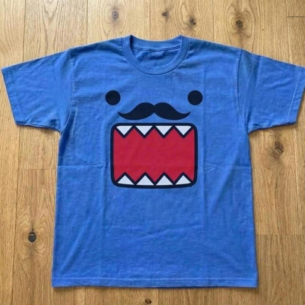 Domo Kun Mustache T Shirt Blue Funny Face Graphic Tee Y2K Meme